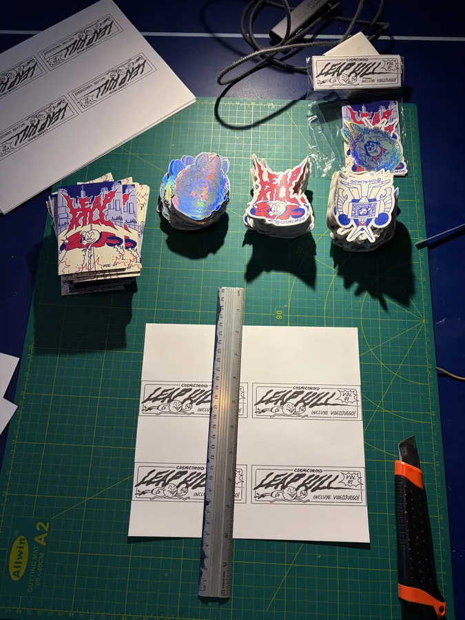 Packing the comics on the cutting mat