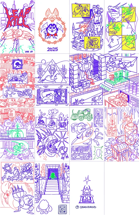 Thumbnail sketches for every page of the comic